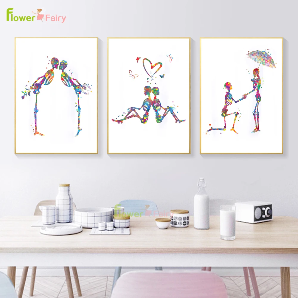 

Love Couple Kiss Colorful Flower Skeleton Wall Art Canvas Painting Nordic Poster Posters Wall Pictures For Living Room Unframed