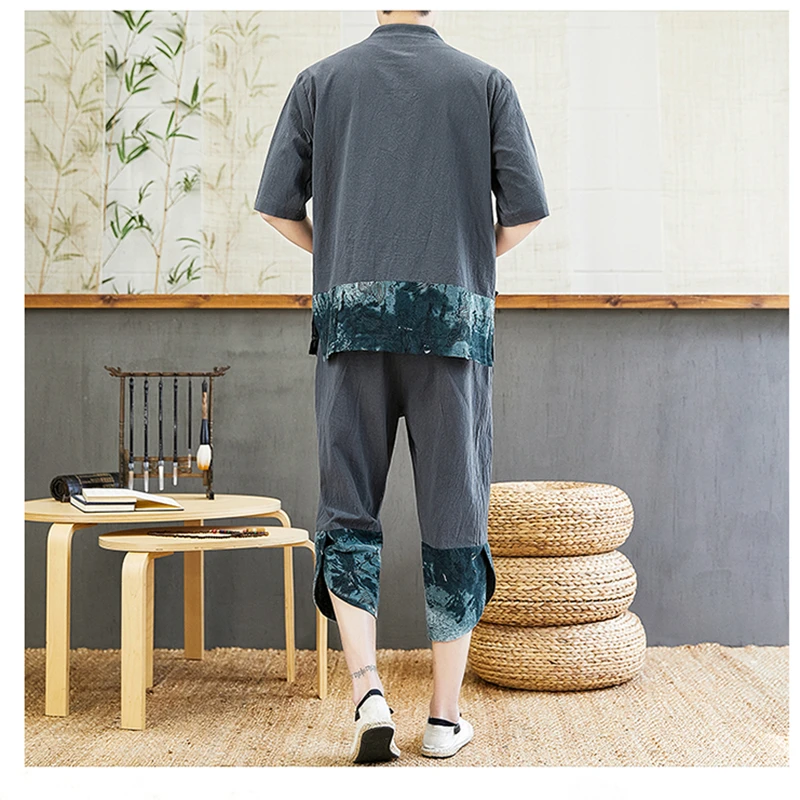 

2021Spring/Summer Cotton Linen Men's Tracksuit Men Short Sleeve+Pant Leisure Sportswear Set Sweatshirt Suits Male M-5XL 217-TZ61