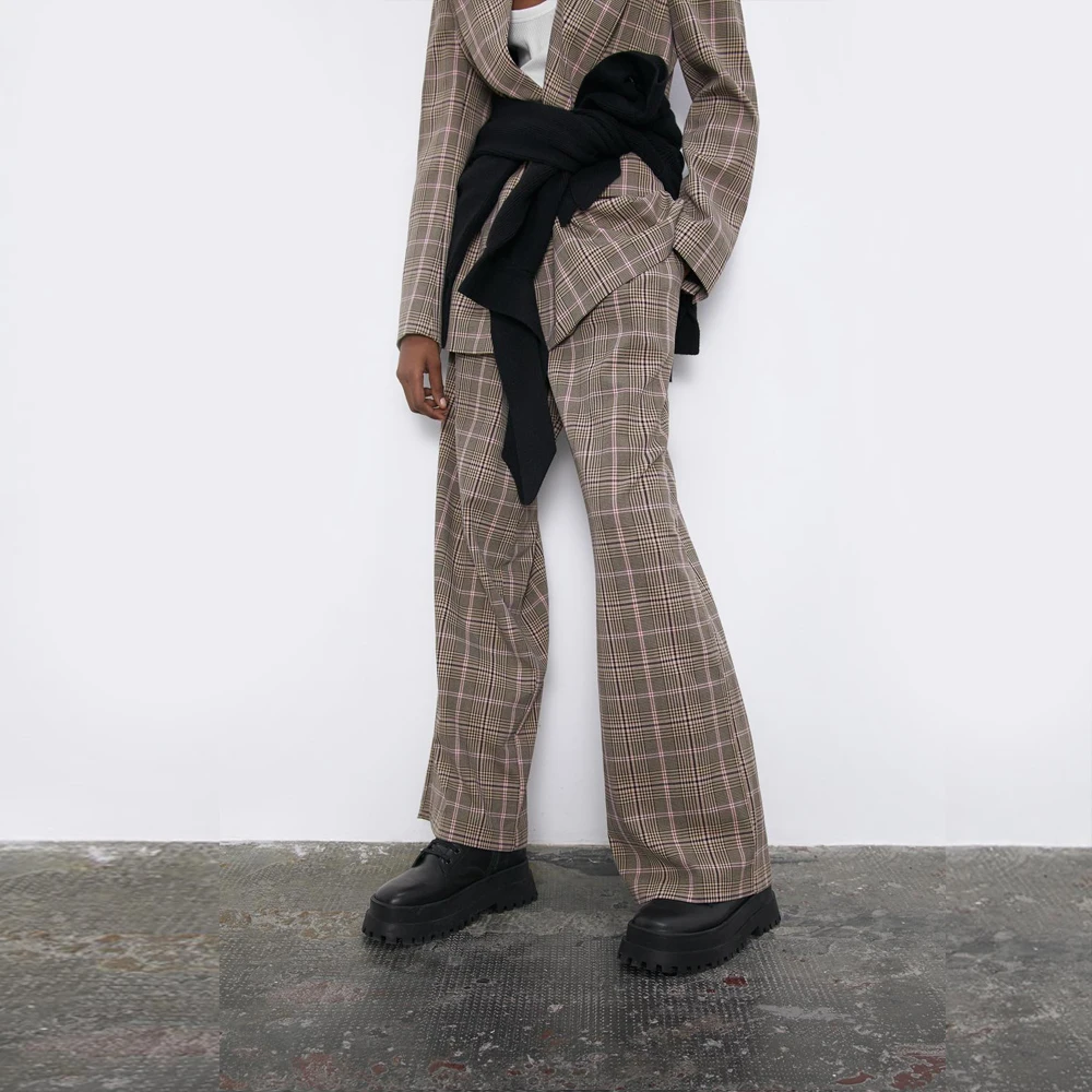 Женский двубортный костюм ZA свободная куртка с отворотами и широкими брюками в