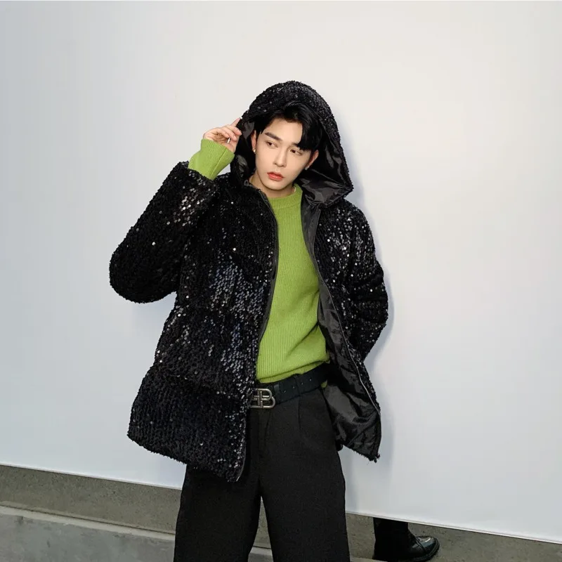 Winter Thickened Bright Parka Men's Warm Fashion Casual Hooded Coat Men Streetwear Wild Loose Hip Hop Performance Jacket Mens