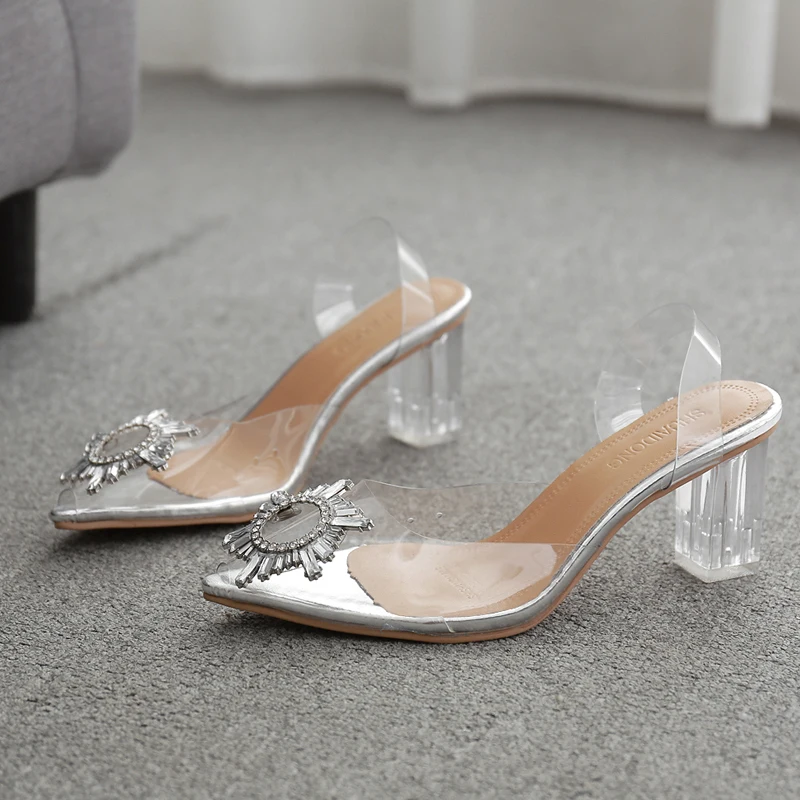 

Star style Women sandals Elegant Pointed toe Rhinestones High heels Wedding Shoes Crystal Clear heeled Slingback Pumps Sandals