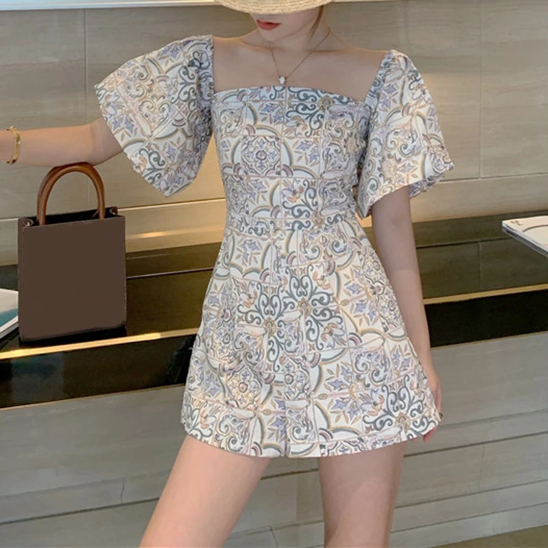 

Комбинезоны в стиле ретро с цветочным принтом на талии, тонкий, с квадратным вырезом, для девочек, летние, LL @ 17