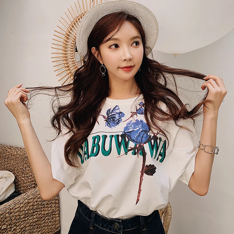 

Dabuwawa Women's Cotton T-shirts New Summer Bating Korean Style Loose Letter Printed Tees Creative O-Neck Tops DN1BTS003