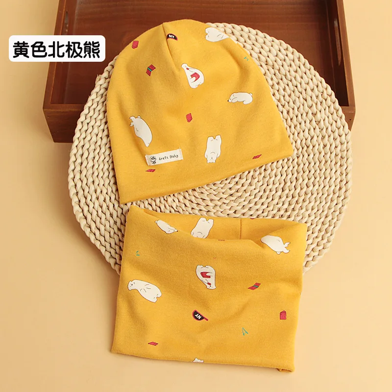 yellow bear Осенне-зимний Хлопковый вязаный детский комплект из 2 предметов, шапка с воротником для мальчиков и девочек, Одноцветный шарф, шапка, комплект из 2 предметов - Цвет: yellow bear