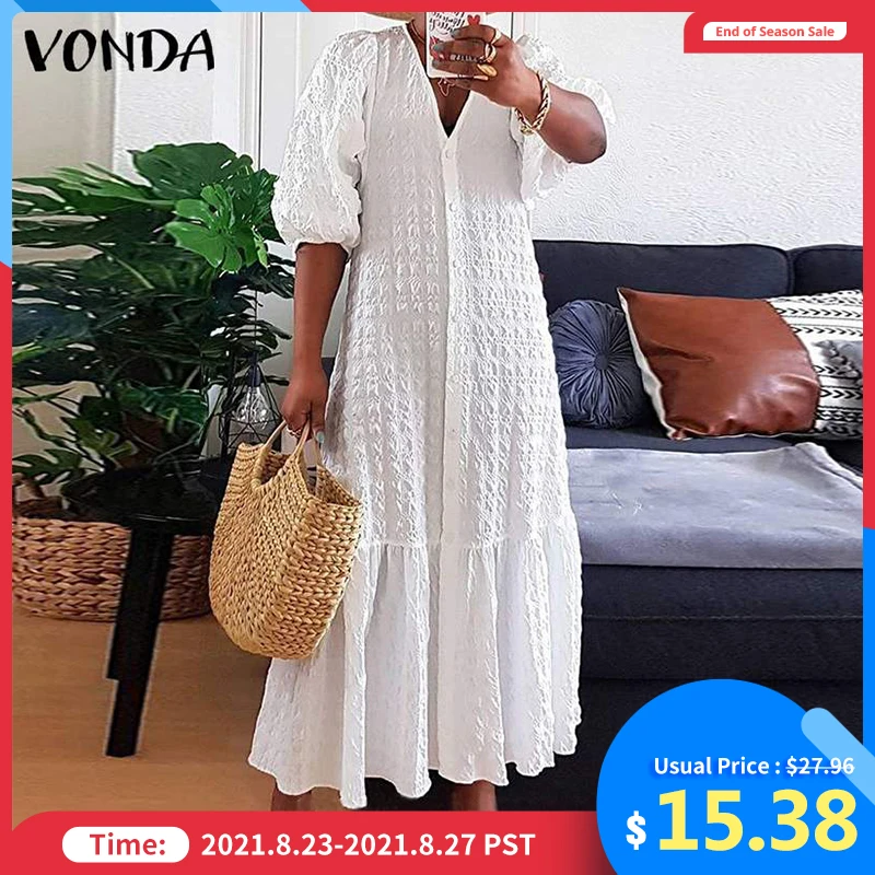 Женское платье рубашка VONDA 2021 повседневные длинные платья с коротким рукавом и V