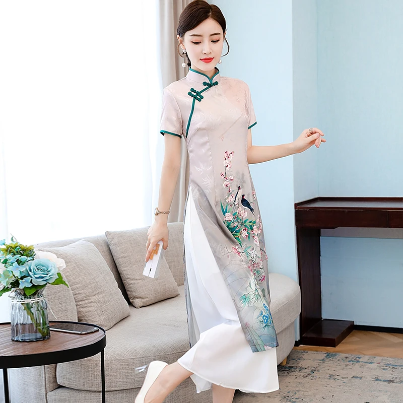 Женское длинное летнее платье в китайском стиле Ципао с коротким рукавом