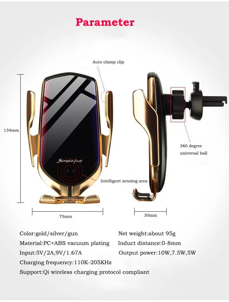 R1 serrage automatique 10 Вт поддержка voiture chargeur беспроводной capteur infrarouge intelligent Qi gps prise d'air поддержка