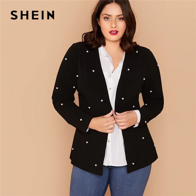 SHEIN плюс размер черный крючок и глаз жемчуг бисером блейзер для женщин Осень Slim Fit длинный рукав элегантный плюс блейзеры