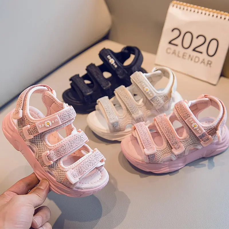 Сандалии Детские сетчатые с цветочным рисунком мягкие босоножки на липучке