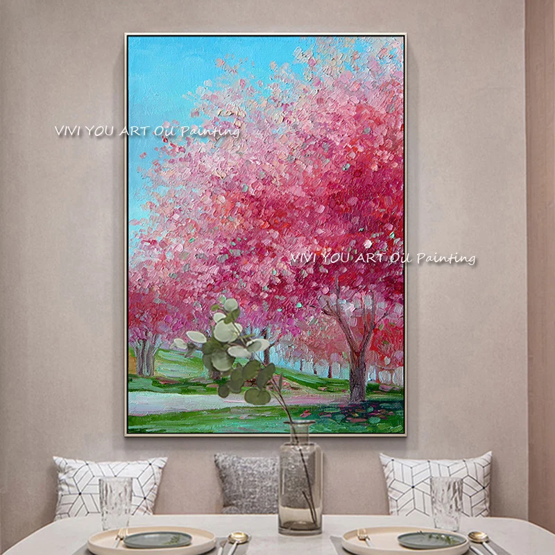 

The Professional Nature View Handmade Abstract Modern Pink Oil Painting On Canvas Handpainted Wall Art Red Flower Tree Pictures