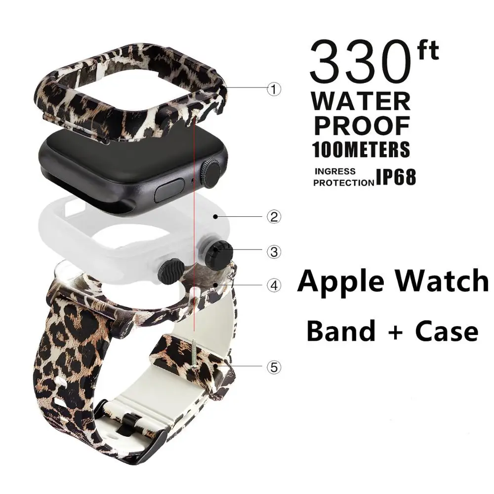 Ремешок + чехол для Apple Watch 5 4 3 2 мягкий Леопардовый резиновый водонепроницаемый