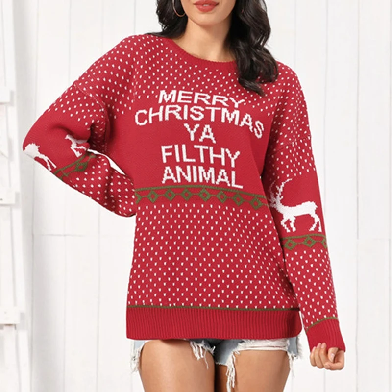 

Women Winter Merry Christmas Sweater Knitted Jumper Pullover Sweater Snowflake Elk Print Sweaters Pullovers Red