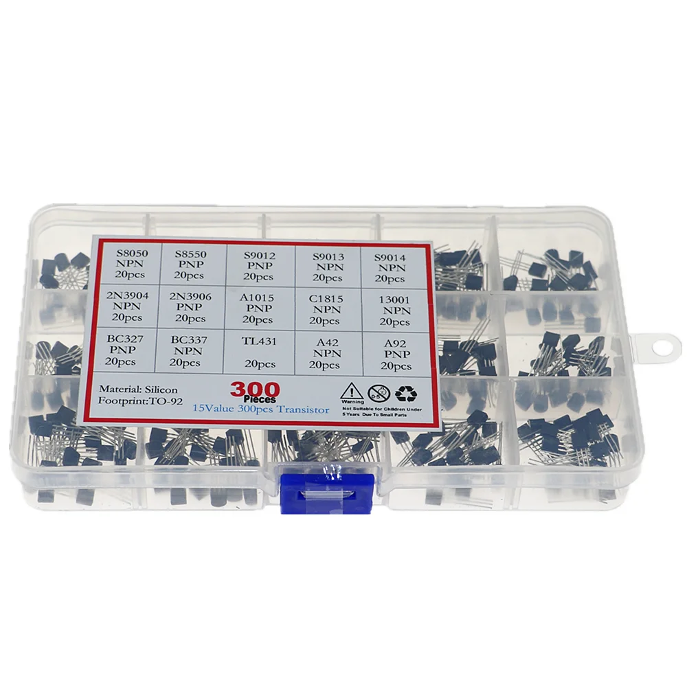 

300pcs 15 Values Transistor Assorted Kit TO-92 S9012 S9013 S9014 S8050 S8550 2N3904 2N3906 BC327 BC337 TL431 MPSA42 MPSA92 A1015