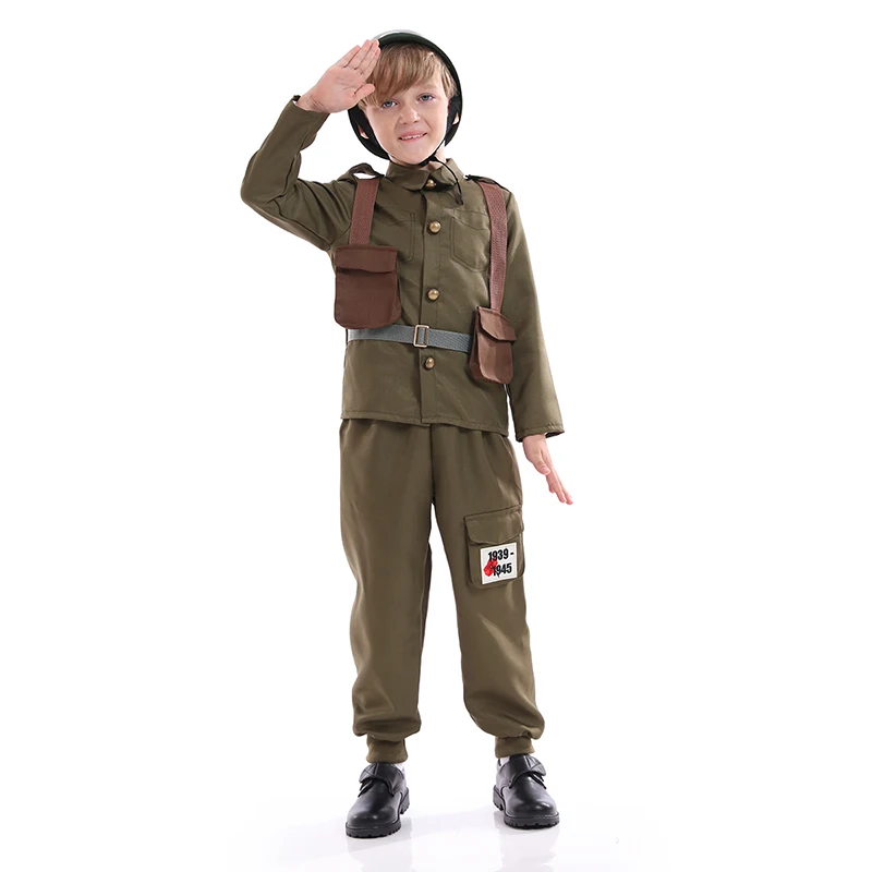 Army Soldier Costume Kids Boys Unisex Halloween Cosplay Dress Up Army Military Costume WWII Military Uniform Suit With Hat Khaki