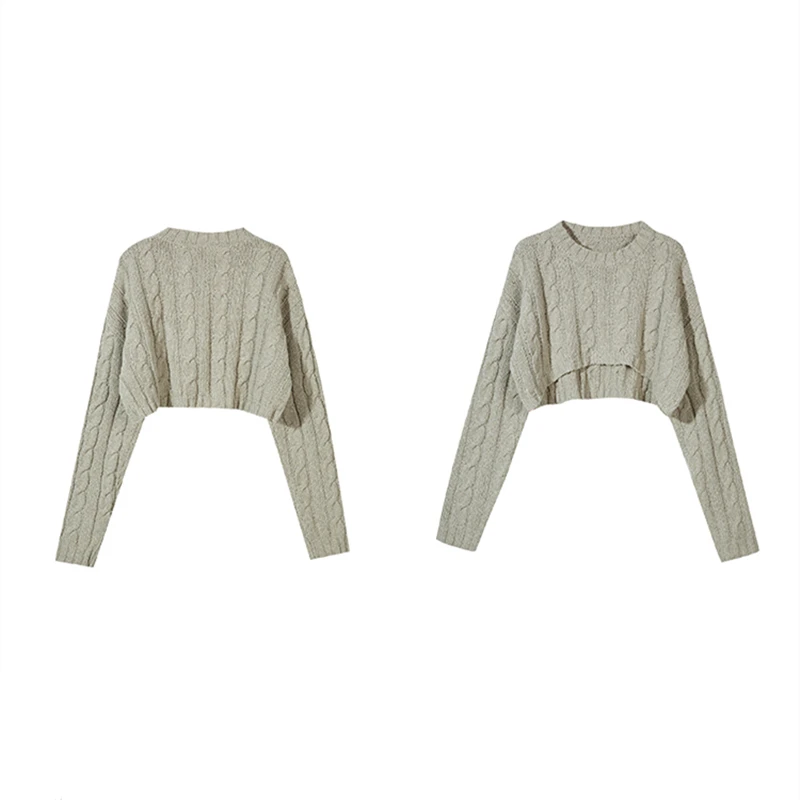 

Kimotimo Twisted Cropped Sweater Fall 2021 Women Retro Outwear Long Sleeve Knitted Pullover Korean Chic All-match Solid Clothes