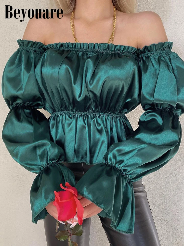 

Beyouare Satin Elegant Blouse Women Lantern Sleeve Ruffle Folds Green Shirt Slash Neck Sexy Cropped Top Fashion Office Lady 2022