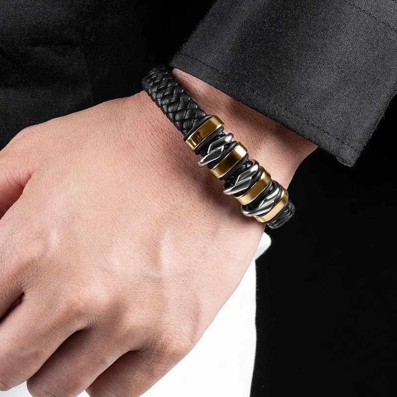 Мужской браслет плетеный из натуральной кожи нержавеющей стали модный панк