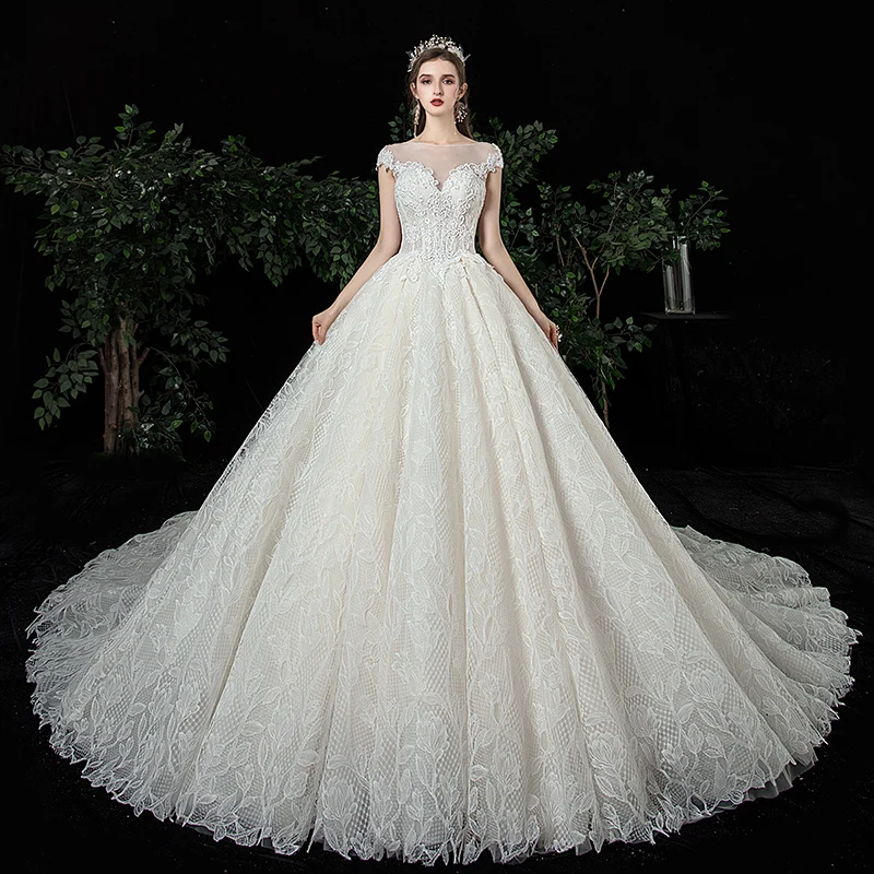 

Custom Made Wedding Dresses Ball Gown Long Train Crystal Beaded Lace Tulle Puffy Luxury Wedding Gowns 2020 New Fashion HS08