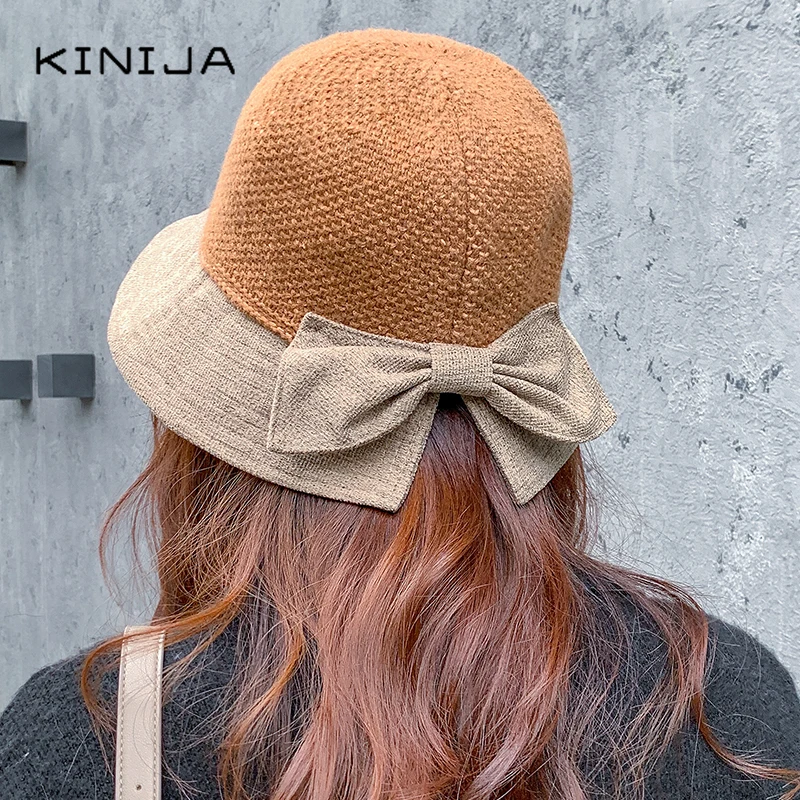 Шерстяные женские шапки с большим бантом Женская шерстяная шляпа женская шапка