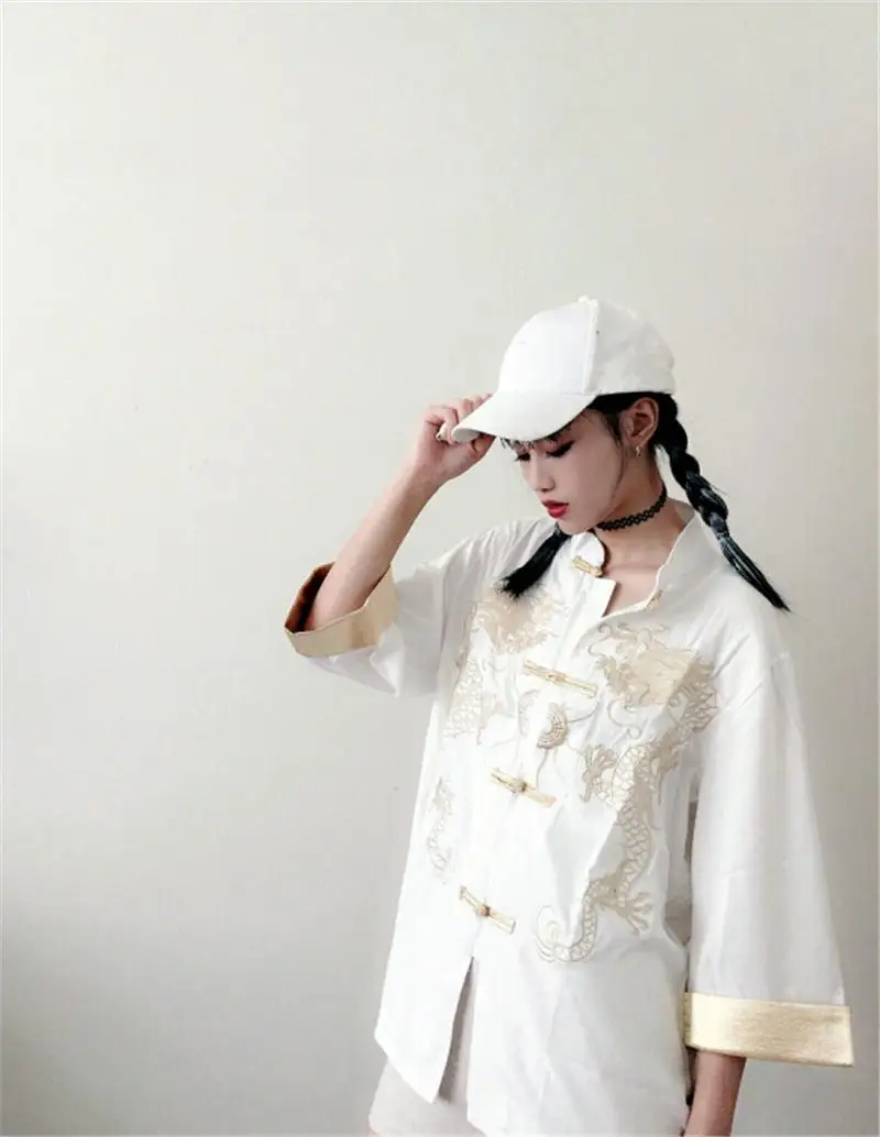Chinese Style Embroidery Shirt Loose Stand Collar Casual Blusa Women Black Retro Tops |