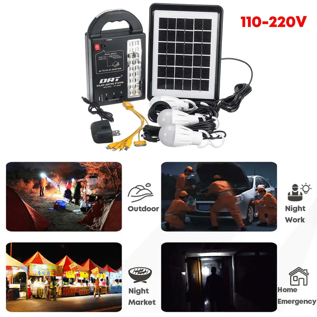 3 LED Bulbs Solar Power Generator Home System Solar Power Panel Storage Generators USB Charger 110-220V 50/60Hz Durable