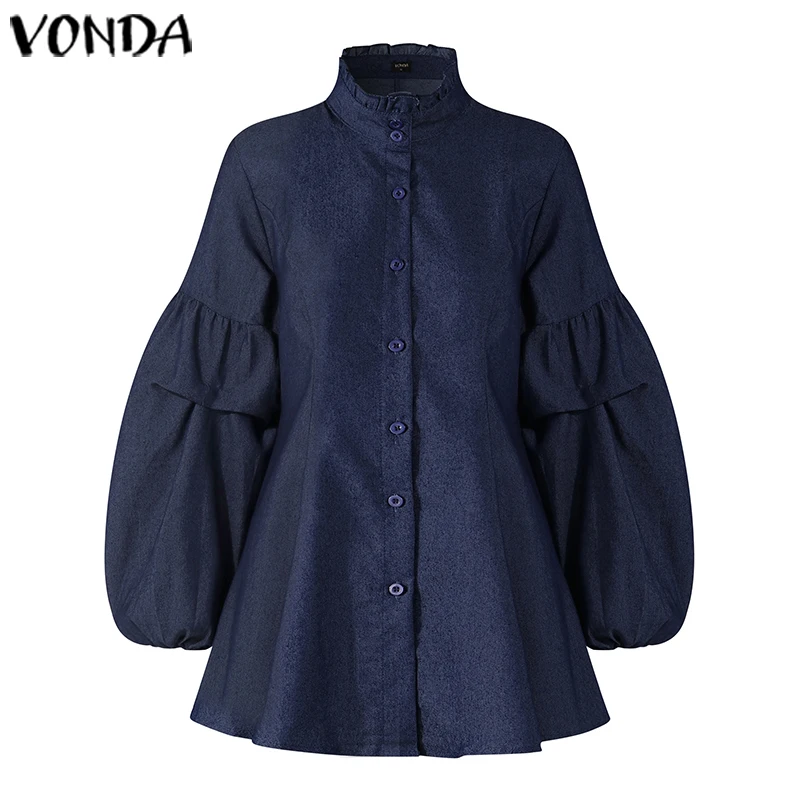 Джинсовые женские рубашки VONDA блузки повседневные Плиссированные Топы с длинным