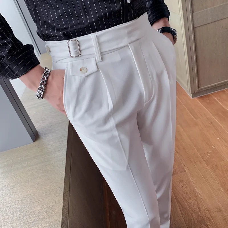 

British Style Business Casual Solid Color Trousers Hombre 2021 High Quality Men Slim Fit Suit Pant Men Formal Office Belt Pant