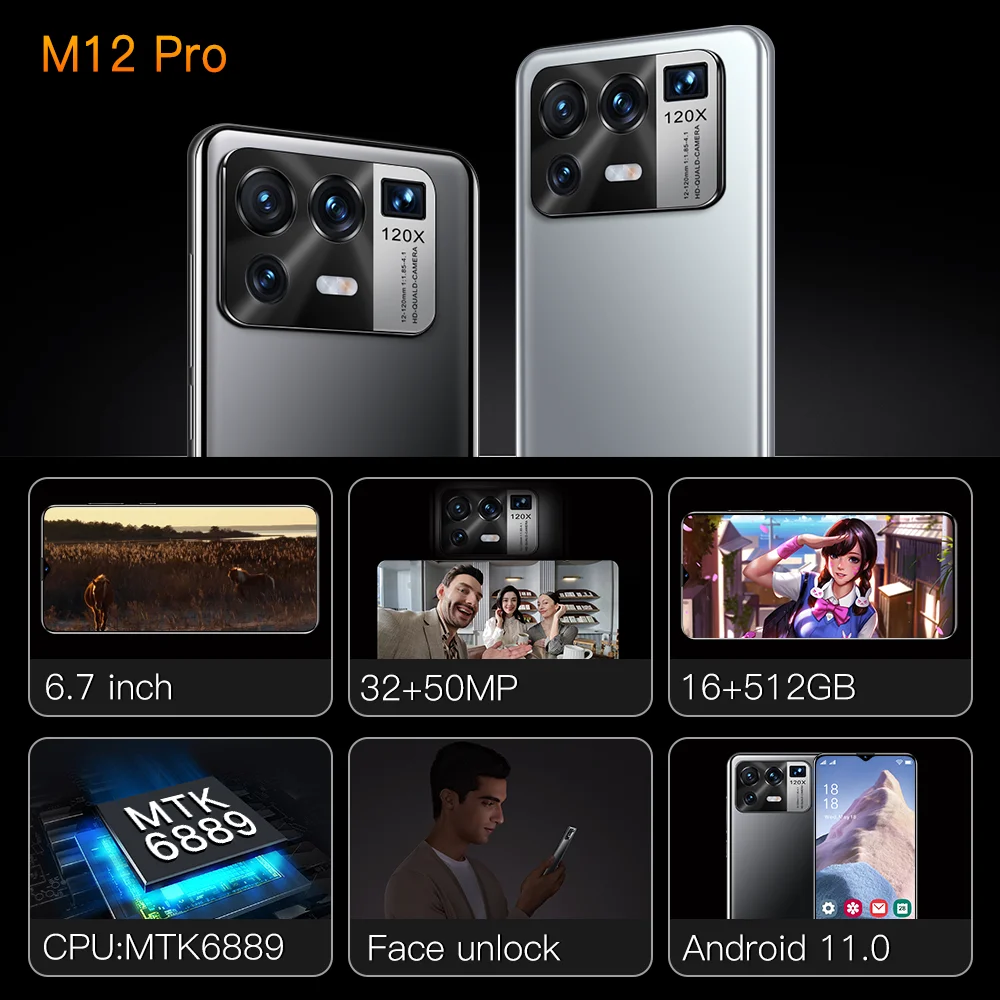 Tel&eacute;fono Inteligente M12pro versi&oacute;n Global, m&oacute;vil con Android 6,7, 10,0 mAh, Dual SIM, 16GB de RAM, 6800 GB de ROM, 32 + 50MP, 5G LTE, MTK6889, 512 pulgadas-1