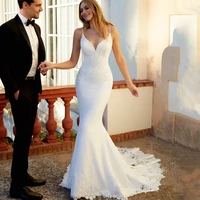 new arrival spaghetti mermaid wedding dress 2021 illusion flower train backless long bride dresses lace applique bridal gown