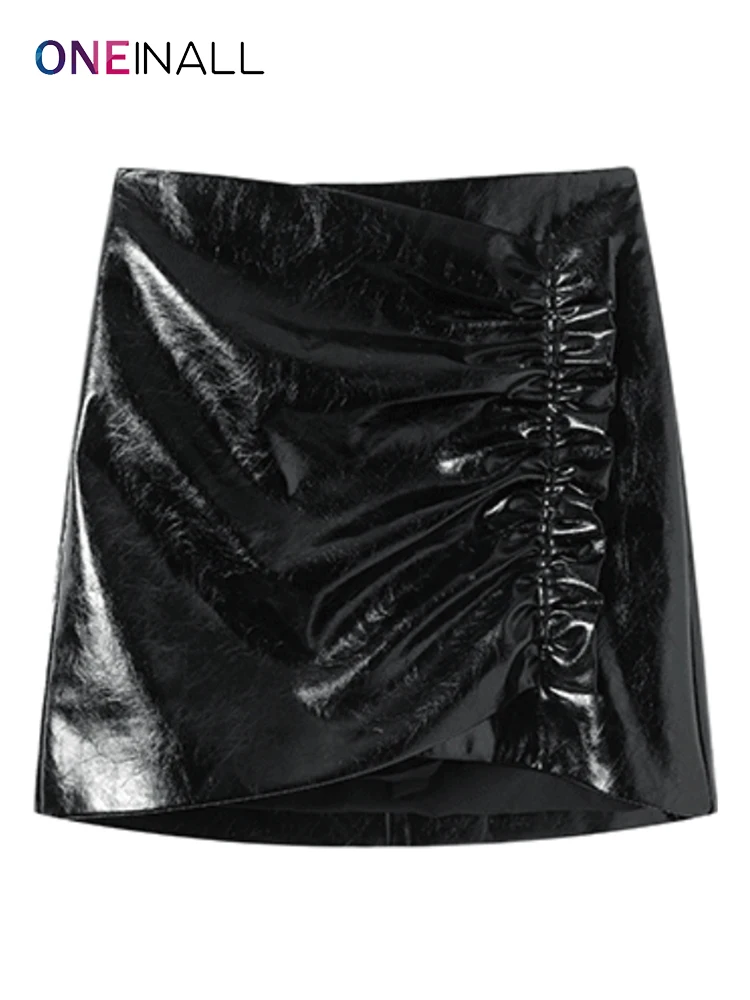 

Женская мини-юбка с рюшами ONEINALL, корейская модная Лоскутная юбка из искусственной кожи с высокой талией и асимметричным подолом, 2021