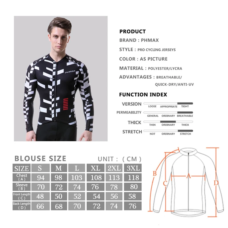 

PHMAX Breathable MTB Bicycle Clothing 100% Polyester Long Sleeve Cycling Jersey Quick-Dry Racing Road Bike Cycling Clothing