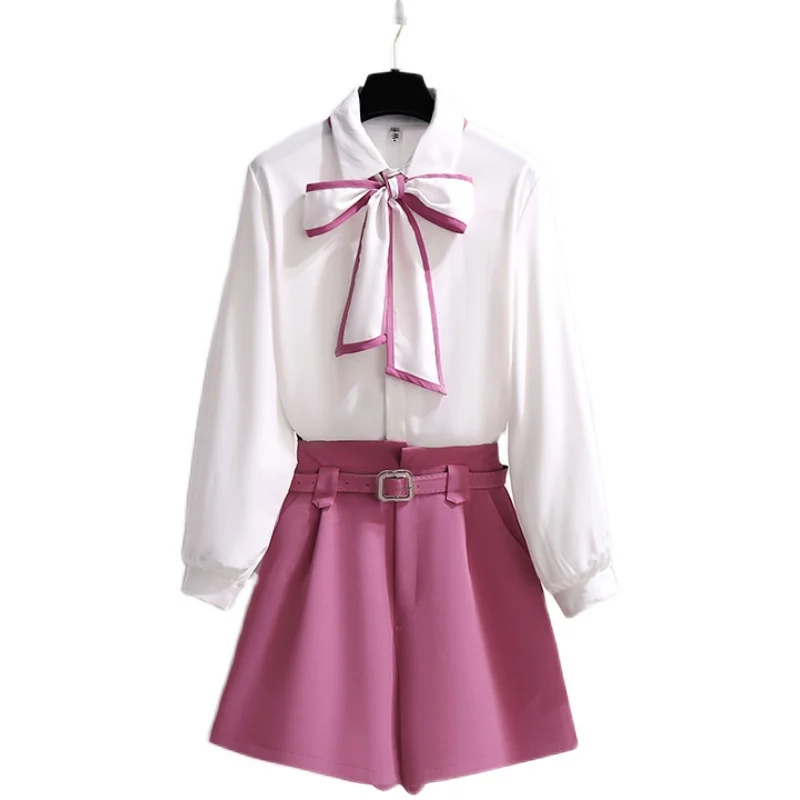 

New 2021 Spring Summer Women Bowknot White Blouse Top & Belt Chiffon Unlined Upper Garment Sweet Girl Set Clothing Outfit