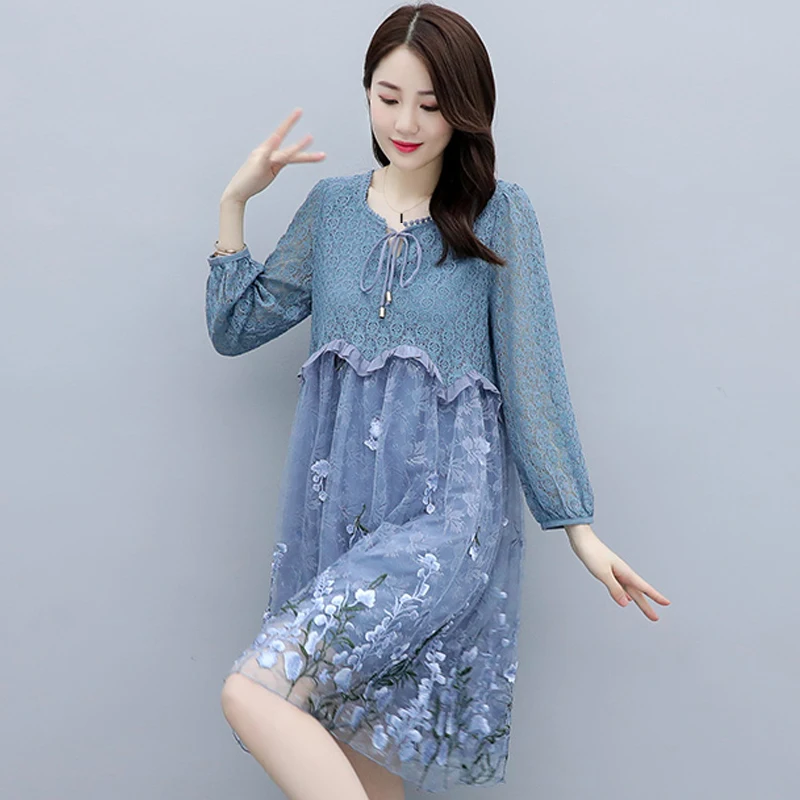 

2021 Newly Spring Autumn Casual Women Sweet Ruffles Embroidery Blue Dress , Woman Clothes Lace Patchwork Dresses
