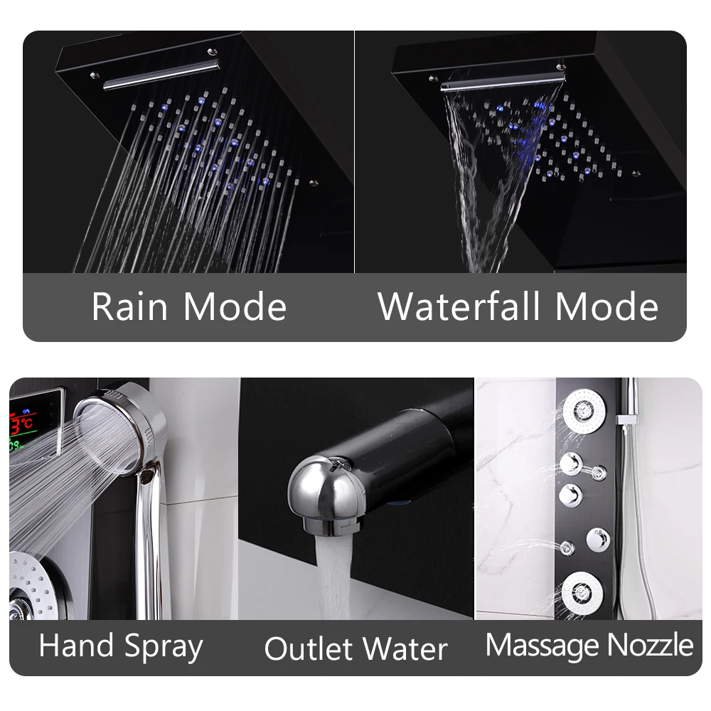 Goedkoop Zwart/Geborsteld Led Licht Douche Temperatuur Screen Panel Badkamer Waterval Rain Douchekraan Bad Mengkraan Met Handdouche