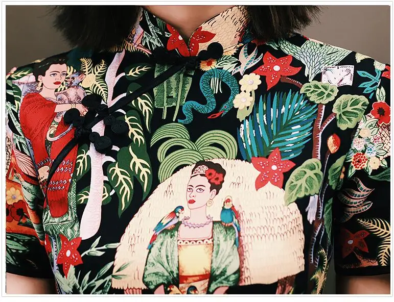 Женское шелковое платье cheongsam с коротким рукавом, Ретро стиль, воротник-стойка, платье cheongsam, цветочный принт, qipao, улучшенное китайское платье