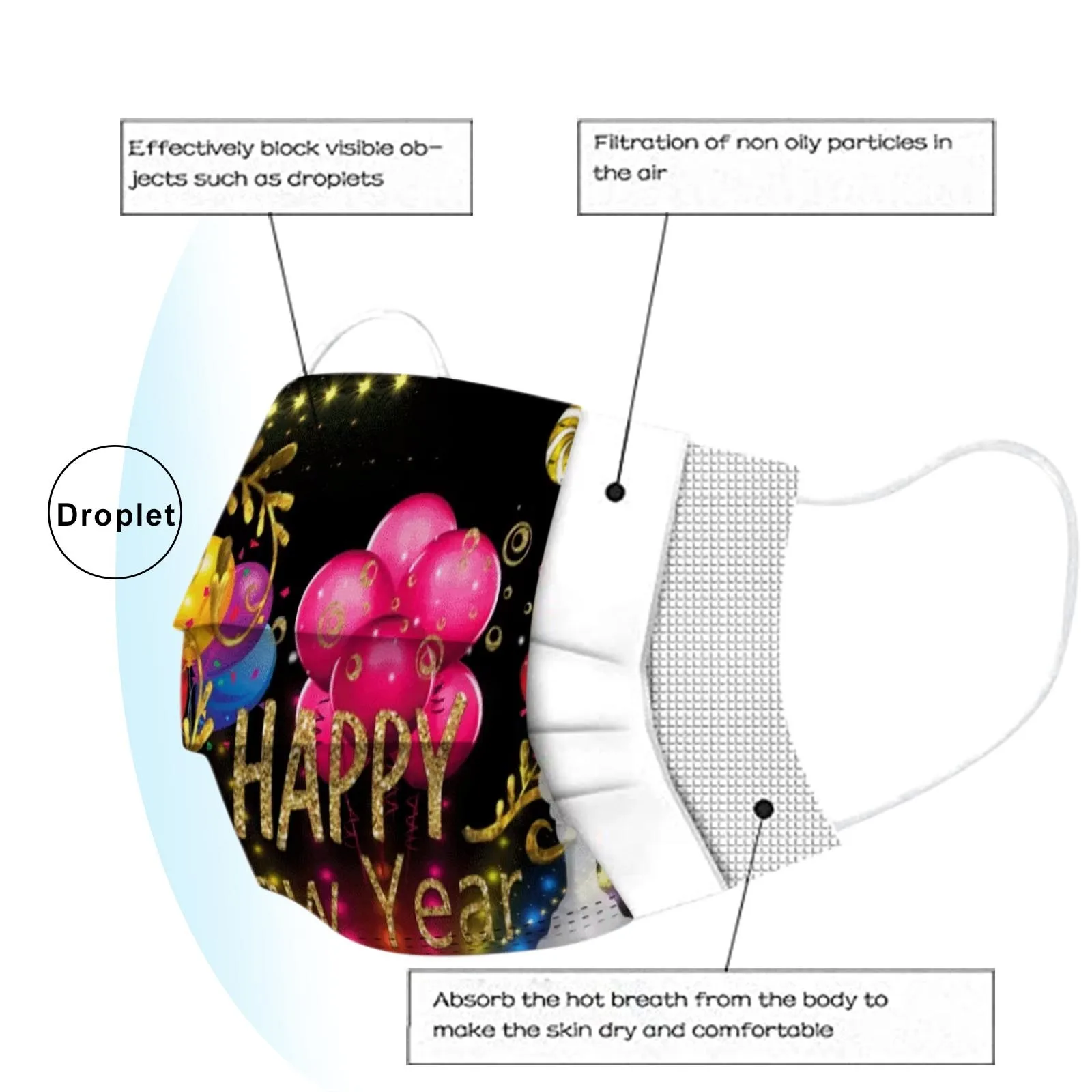 

10 Pcs Disposable Adult 2021 Happy New Year Graphic Print Earloop Masks Non-woven Melt Blown 3-layer Mascarilla Mascarilas