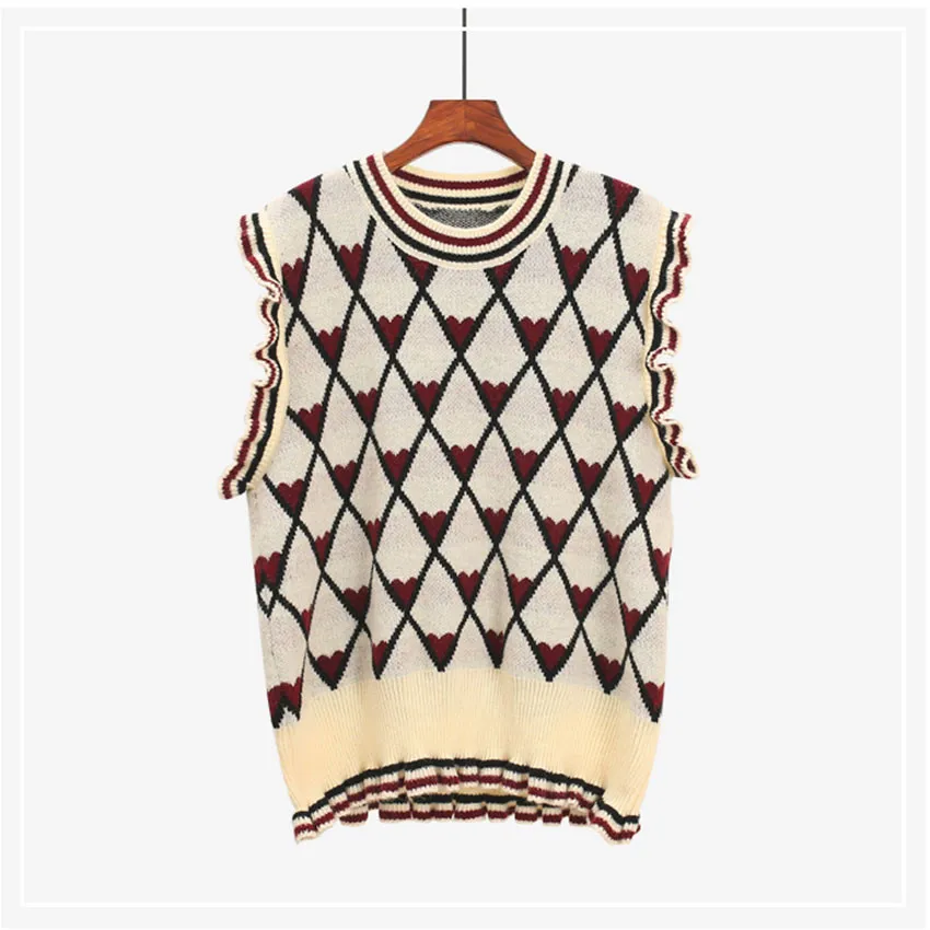 

Korean Style Sweet Love Heart Knitted Sweater Vest Women V-neck Sleeveless Waistcoat Ruffle Casual Outwear Tank Tops Knitwear