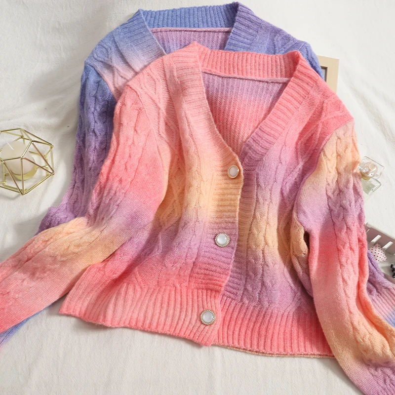 

Sweet rainbow color knit sweater women short cardigan 2021 autumn vintage top students sweater coat warm soft cardigans female