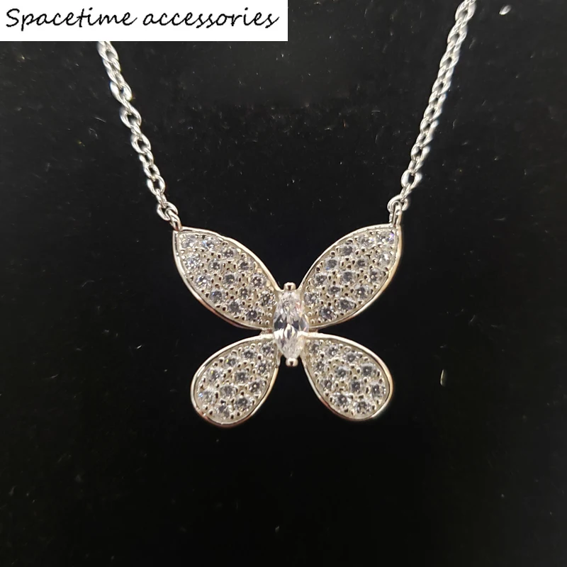 

Solid 925 Sterling Silver Spaekling Full Zircon High Carbon Diamond Butterfly Pendant Necklace Women Party Fine Jewelry