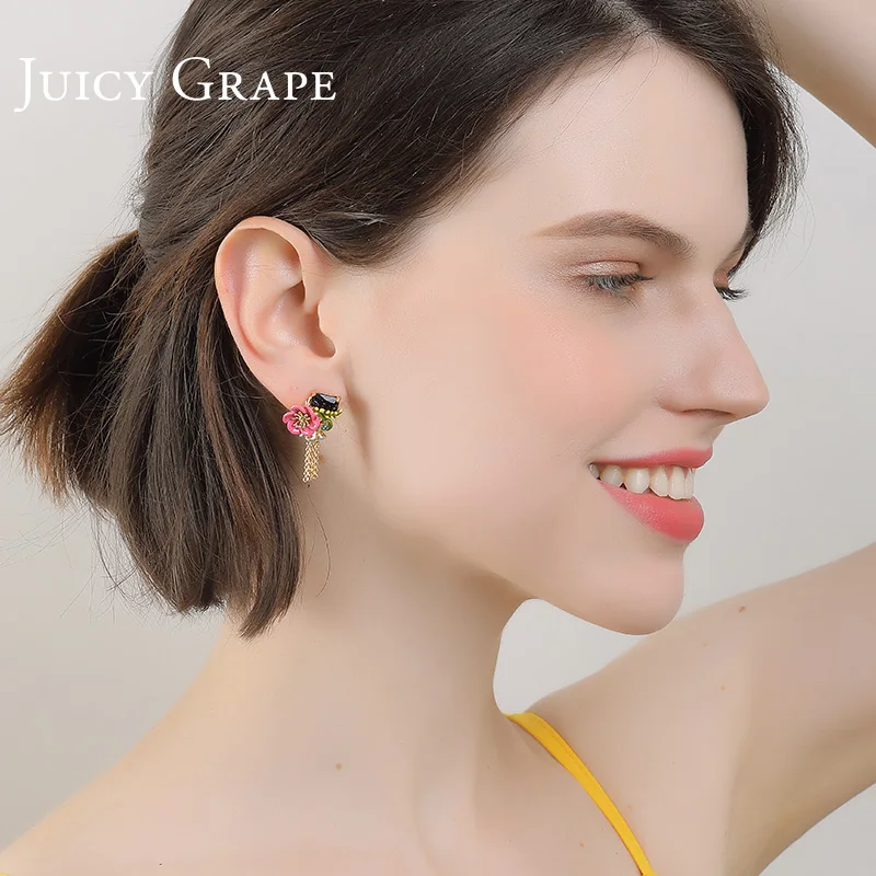 Juicy Grape Hand-painted Enamel Glaze Black Zircon Jewelry Pink Flower Stud Earrings Fashion Jewelrys | Украшения и аксессуары