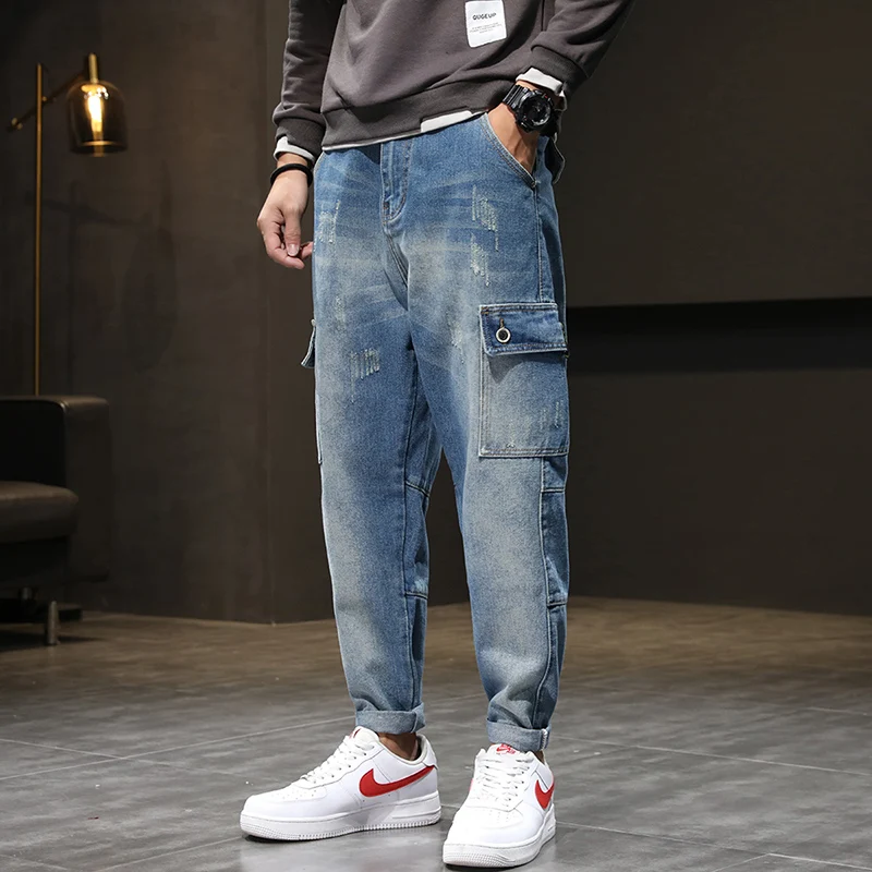 Штаны-шаровары брюки мужские джинсы светильник синий мешковатые человек