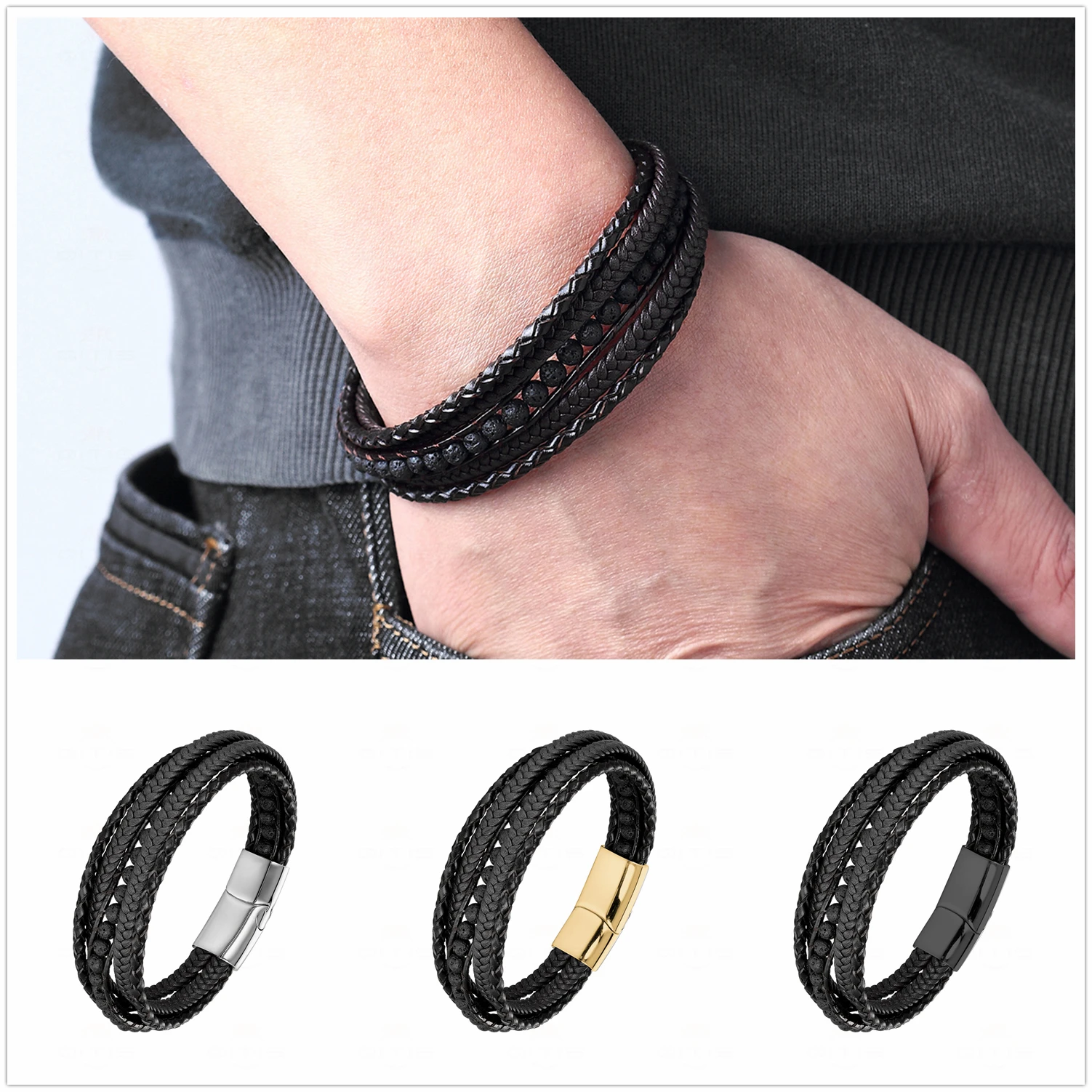 Модный мужской браслет бусины из вулканического камня кожаные браслеты