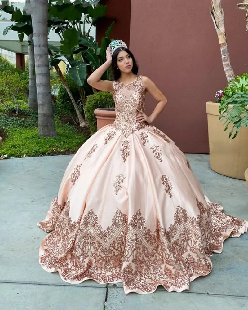 

Rose Pink Quinceanera Dresses Sequined Appliqued Sheer O-neck Sweet 16 Dress Sweep Train Satin Corset lace-up Masquerade Gowns