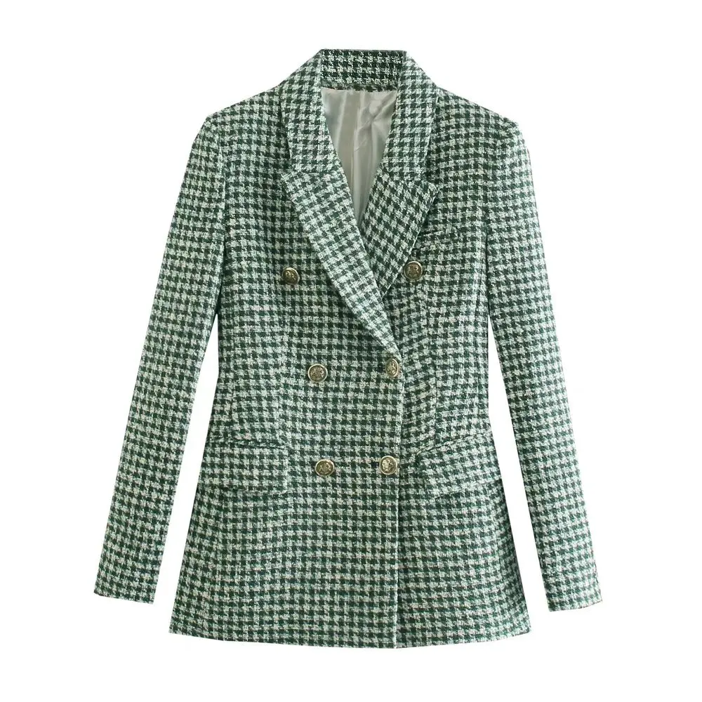 

Женский зимний офисный зеленый клетчатый плотный Блейзер, пальто 2021, винтажная двубортная женская верхняя одежда в английском стиле