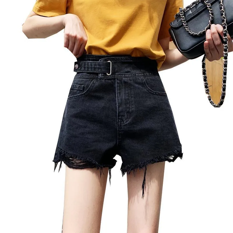 

Шорты женские джинсовые с завышенной талией, повседневные корейские асимметричные свободные черные Популярные штаны с необработанными кр...