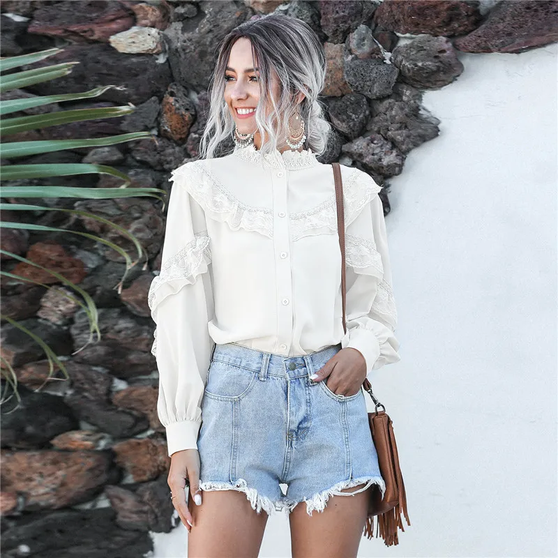

2021 Spring Summer New Lace Spliced Chiffon Top Women Cusual Lantern Sleeve Loose Blouse Ladies Single Breasted Chic Top