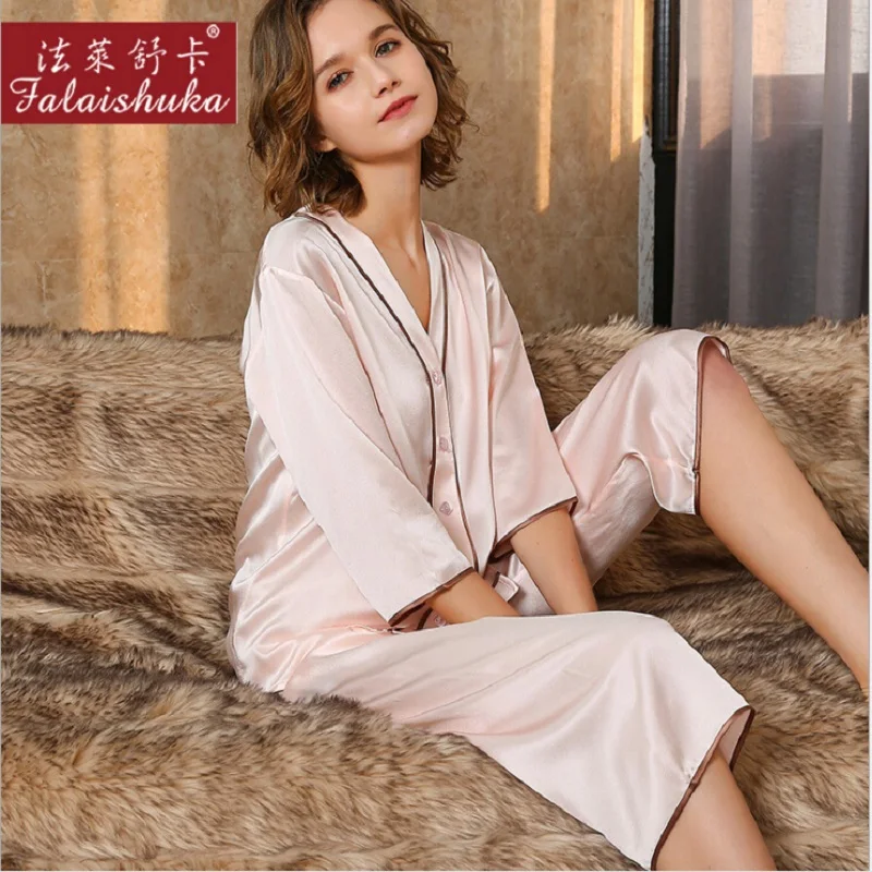 100% Silk Stain Pajamas Set Women Summer 2020 Pink Sexy Calf- Length sleepwear sets night wear homewear tops and pants set