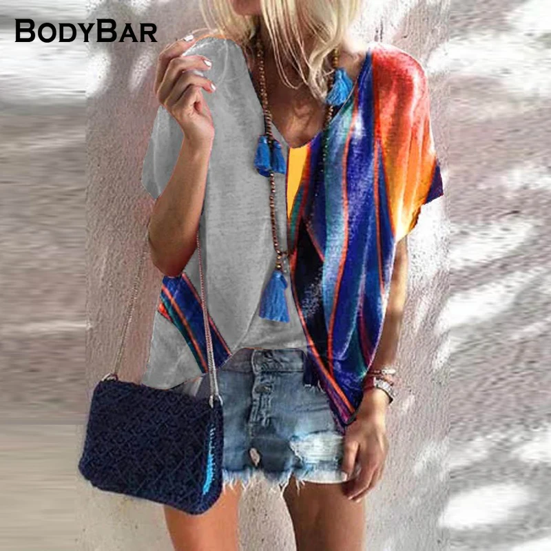 

Fashion Round Neck Color Matching Printed T-shirt Summer Casual Loose Top For Women Sexy V-neck Tee Spring Harajuku Clothes Tops