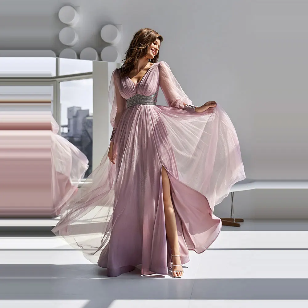 

Женское вечернее платье из тюля, розовое Прозрачное платье с V-образным вырезом, разрезом сбоку, буффами на рукавах и поясом, 2021
