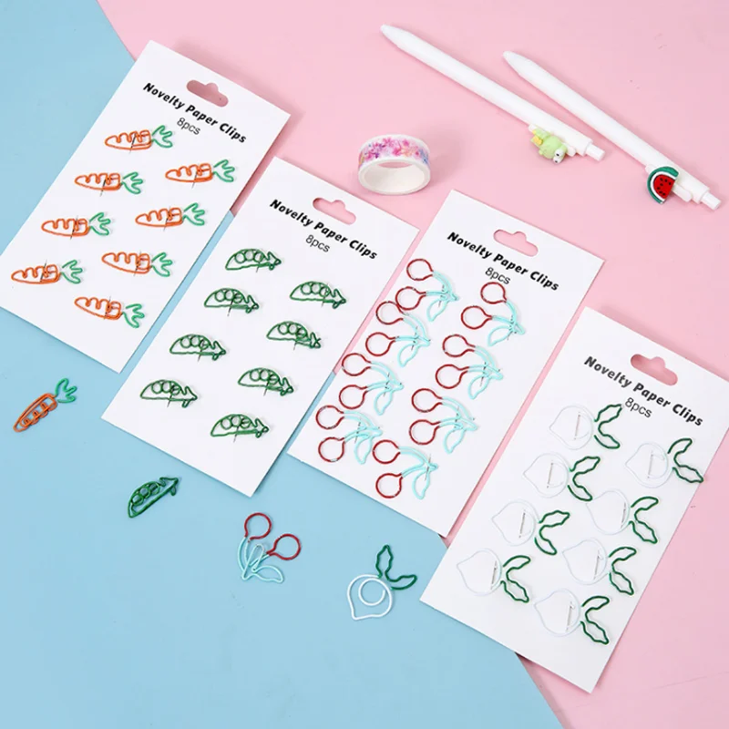 

8pcs Cherry Carrot Paper Clip Set Bookmark Creative Cute Metal Exquisite Book Mark Page Folder Office School Supplies Stationery